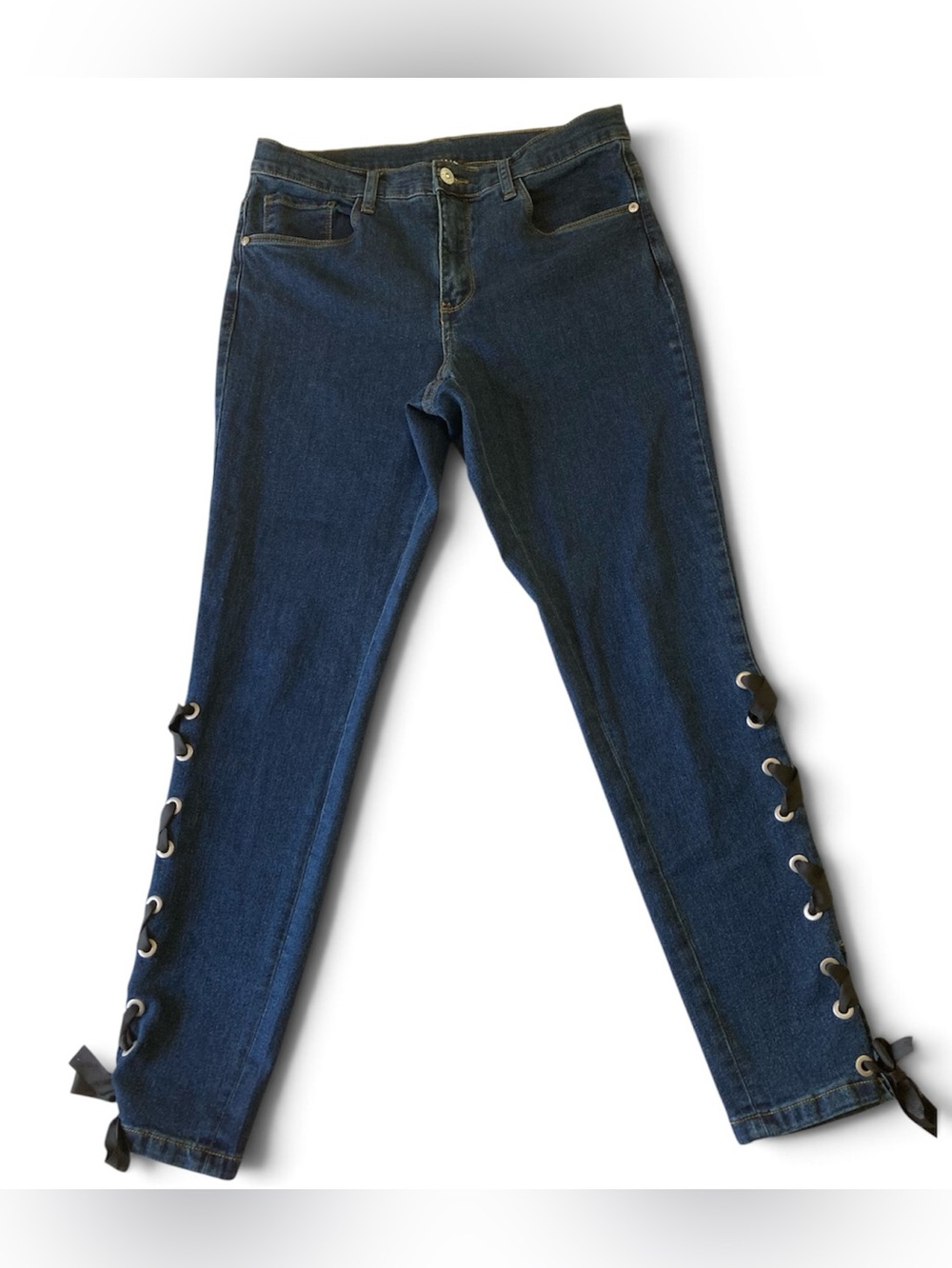 VENUS Sz 6 Dark Blue Jeans Lace-Up Side w/Silver Grommets & Black Ribbon Ties